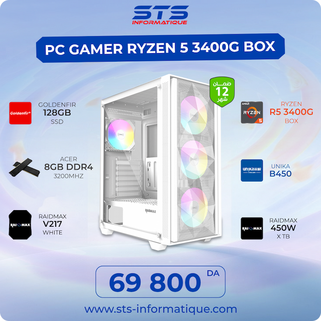 PC GAMER RYZEN R5 3400G BOX / UNIKA B450 / RAIDMAX 450W X TB / ACER 8GB DDR4 3200MHZ / GOLDENFIR 128GB SSD / RAIDMAX V217 WHITE